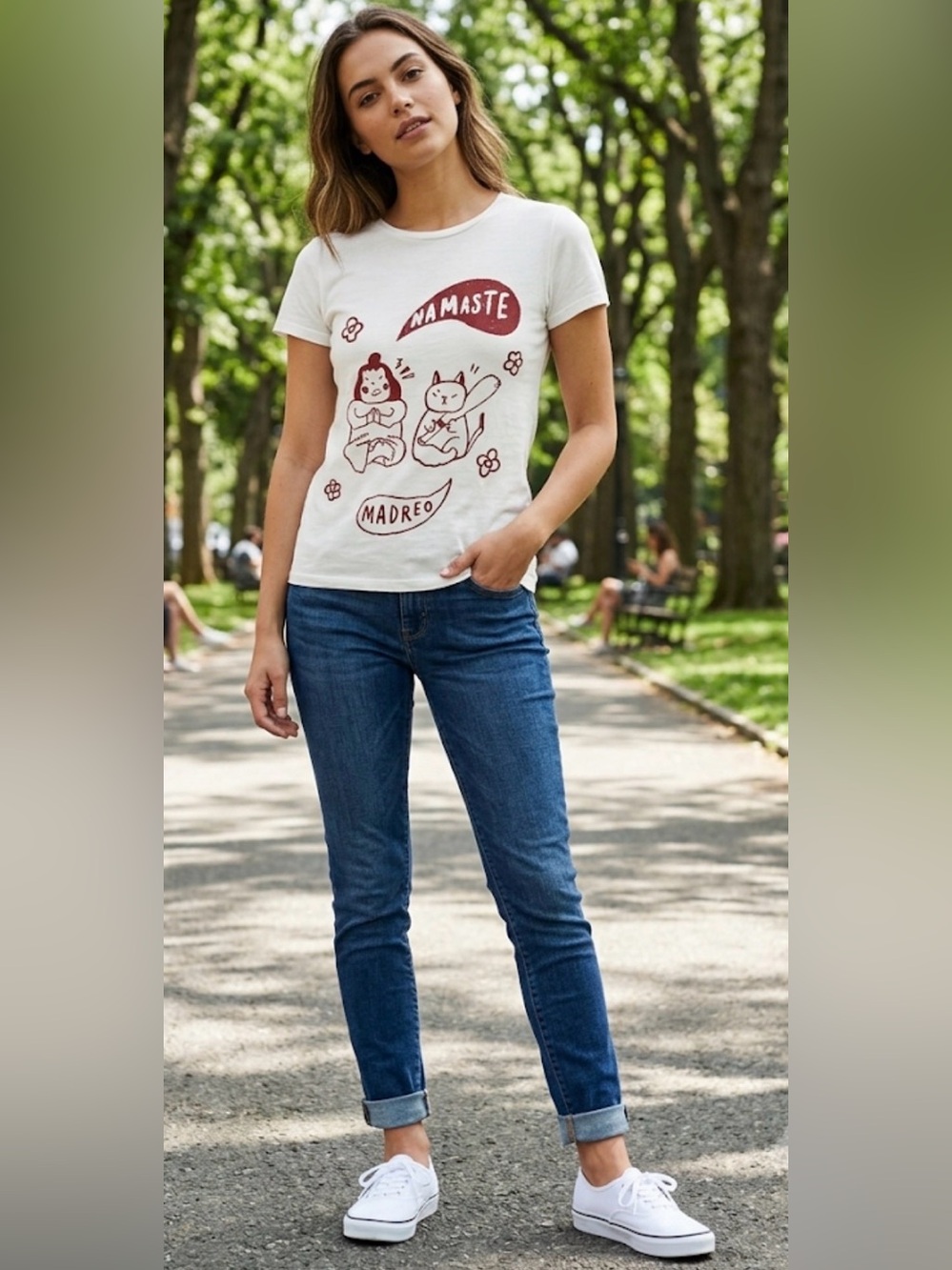Namaste Madreo White Graphic Cat Tee Top S